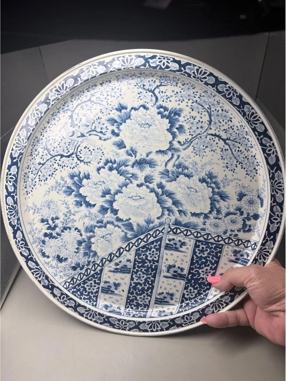 Vintage Fabcraft Blue and White Ming Style Metal Serving Tray 11 Inch